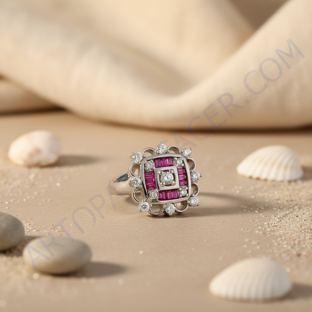 Silver Ruby & Diamond Ring for Women | Square Cluster Design