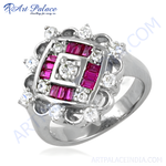 Load image into Gallery viewer, Sterling silver ring with square cluster featuring red ruby baguettes and white diamonds
