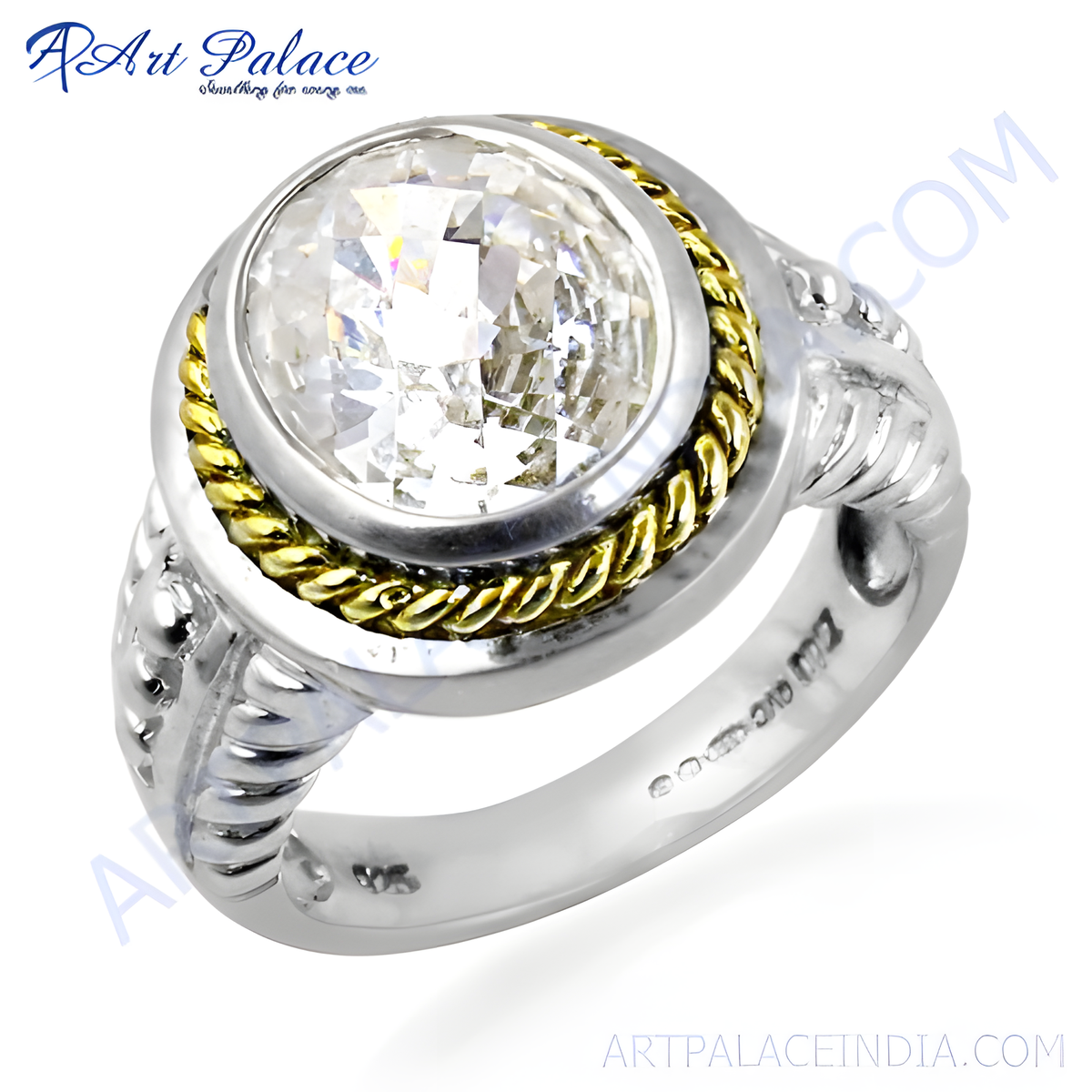 Sterling silver ring with a large clear cubic zirconia gemstone and gold plating rope detail