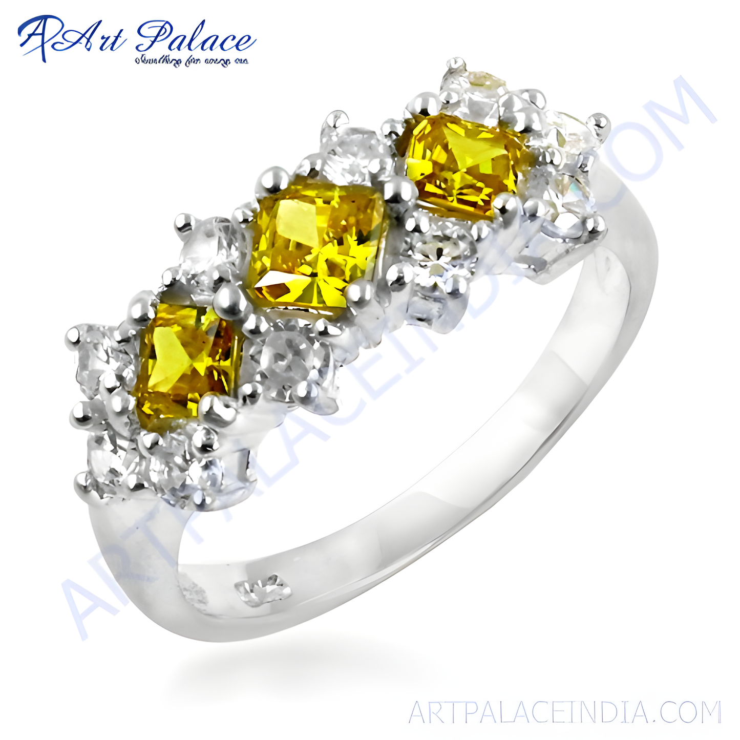 Pretty Antique Style Cubic Zirconia & Yellow Cubic Zirconia Gemstone Silver Ring