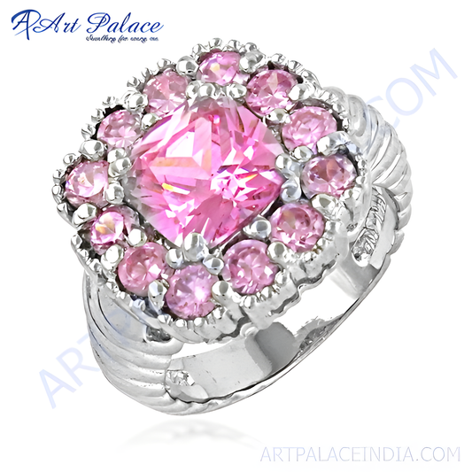 Lovely Pink Cubic Zirconia Gemstone Silver Ring