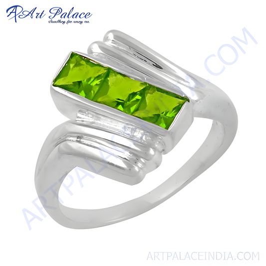 New Extra Shine Green Cubic Zirconia Gemstone Silver Ring, 925 Sterling Silver Jewelry