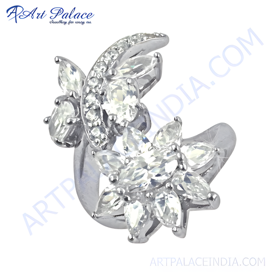 Flower With Butterfly Style Cubic Zirconia Gemstone Silver Ring