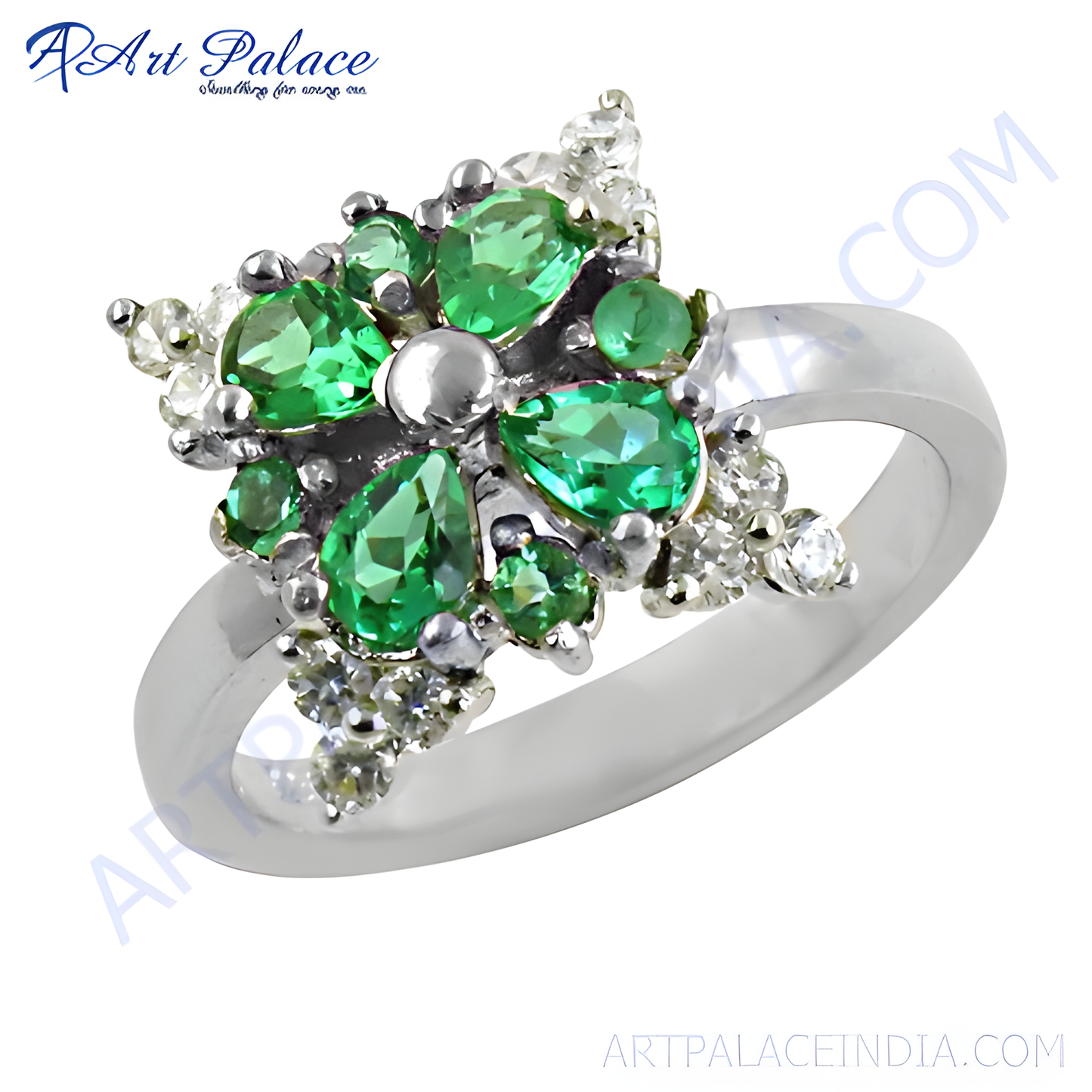 Pretty Flower Green & White Cubic Zirconia Silver Ring