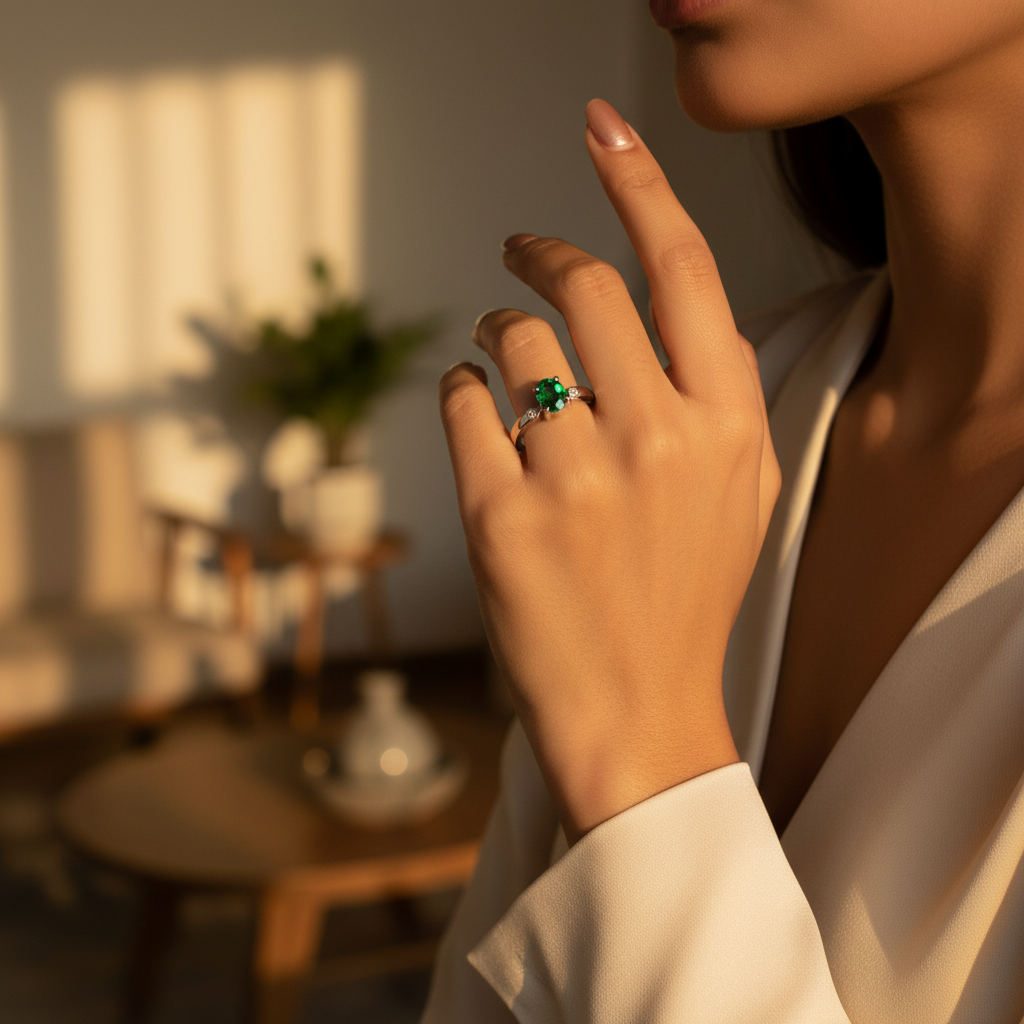 Silver Emerald Ring for Women | Gemstone Engagement Ring