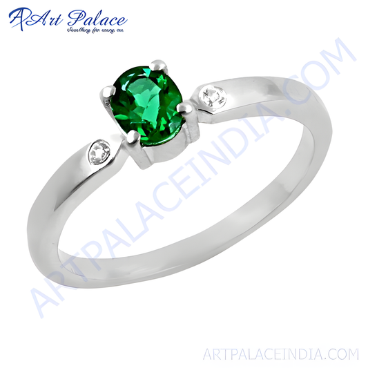 Sensational Green & White Cubic Zirconia Gemstone Silver Ring