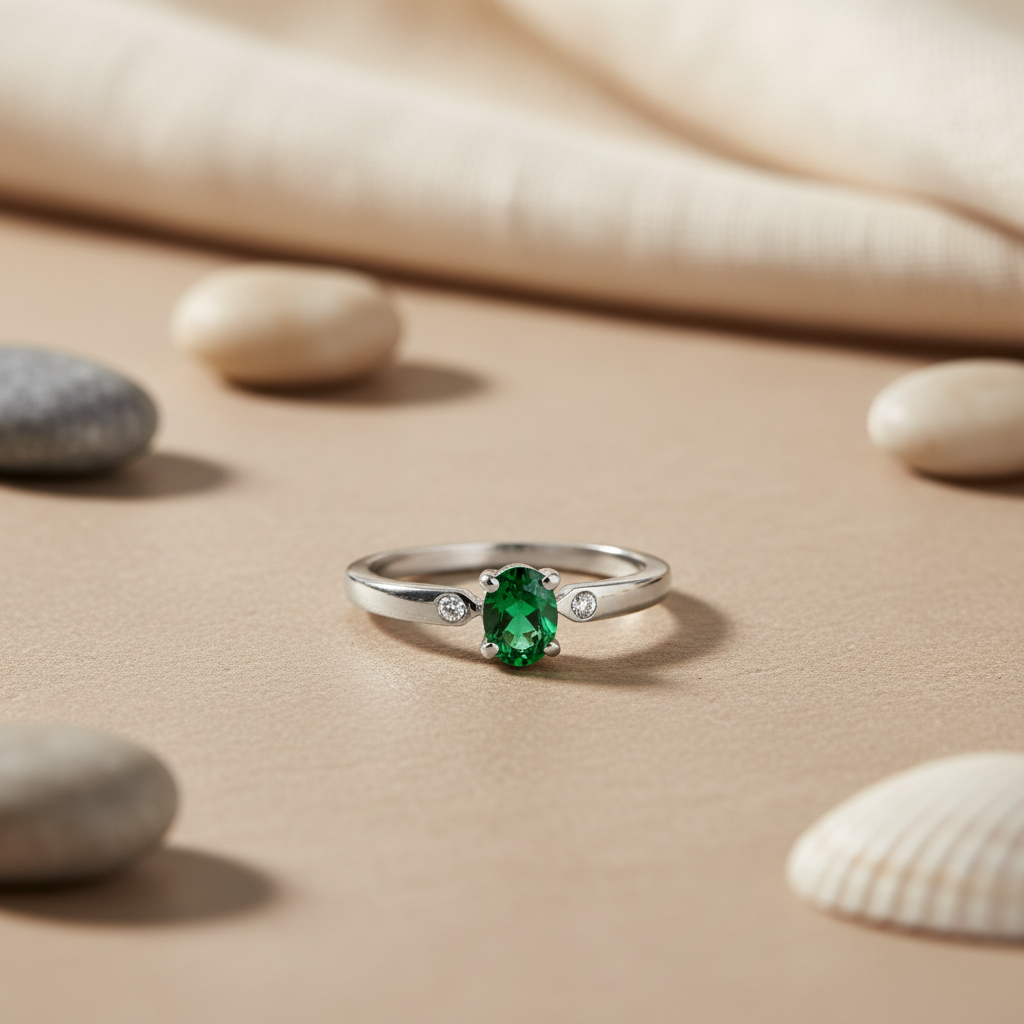 Silver Emerald Ring for Women | Gemstone Engagement Ring