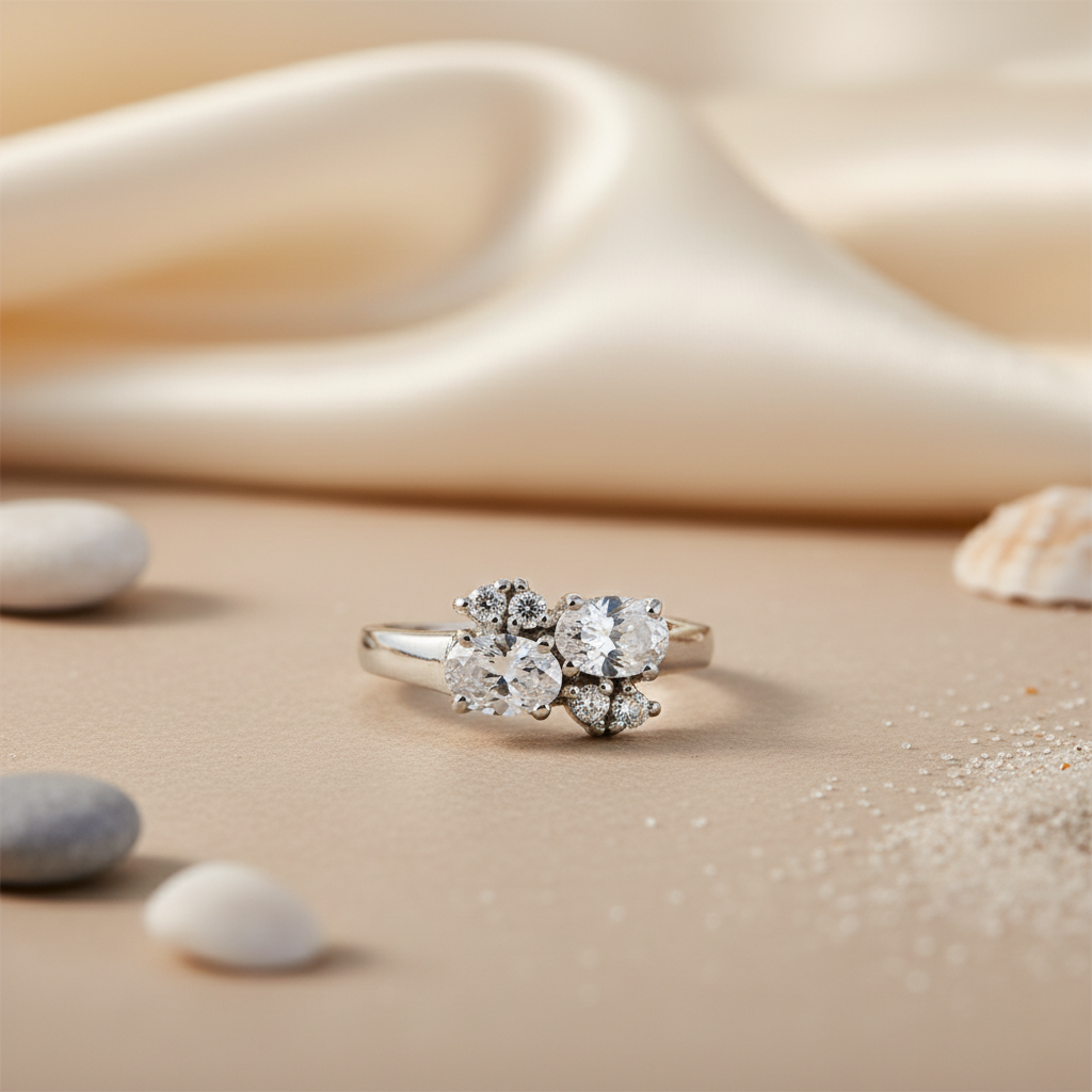 Silver Oval & Round Diamond Ring for Women | Engagement Jewelry