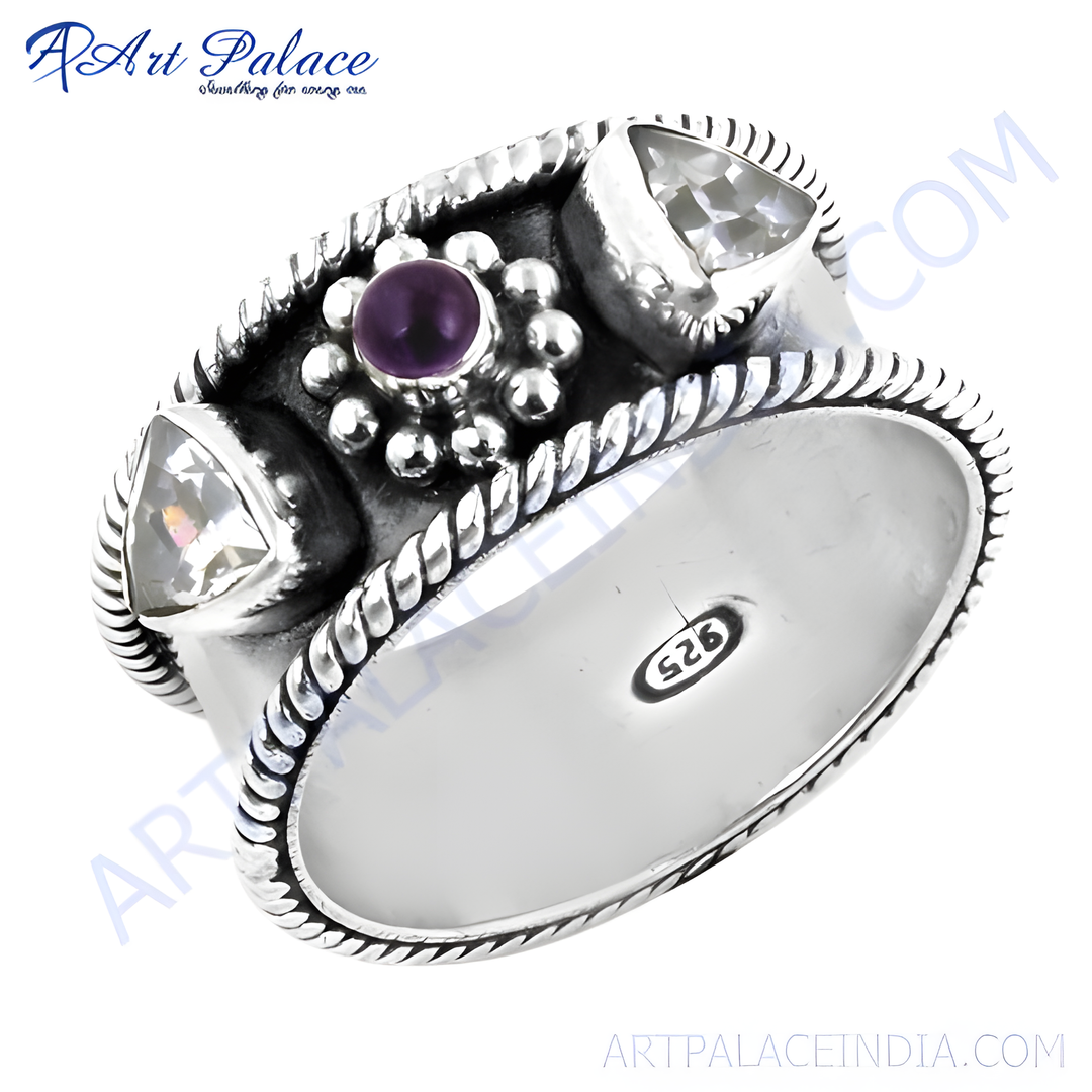 925 sterling silver ring with amethyst center stone and quartz accents