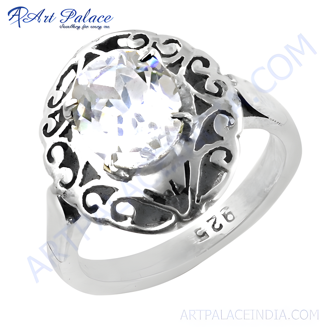 925 sterling silver ring with a large, round, clear cubic zirconia stone and detailed band.