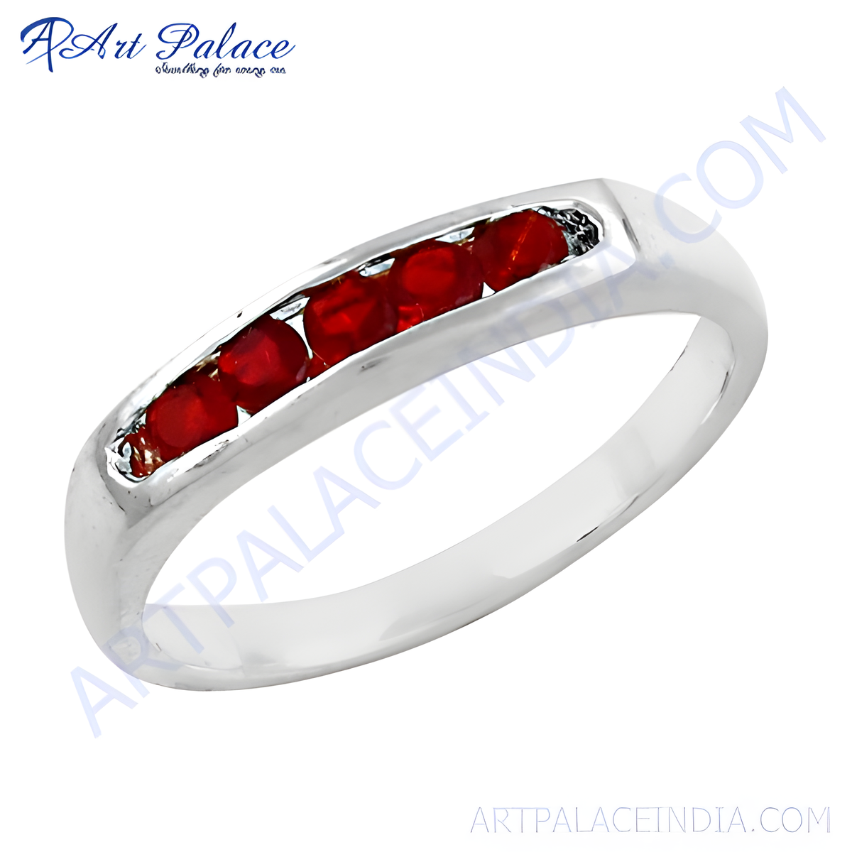 Sterling silver ring with five bright red rubies set in a row