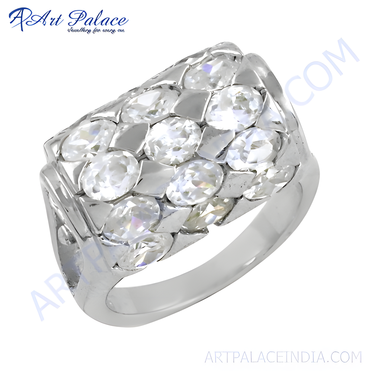 Sterling silver ring with a rectangular design and multiple sparkling white cubic zirconia stones