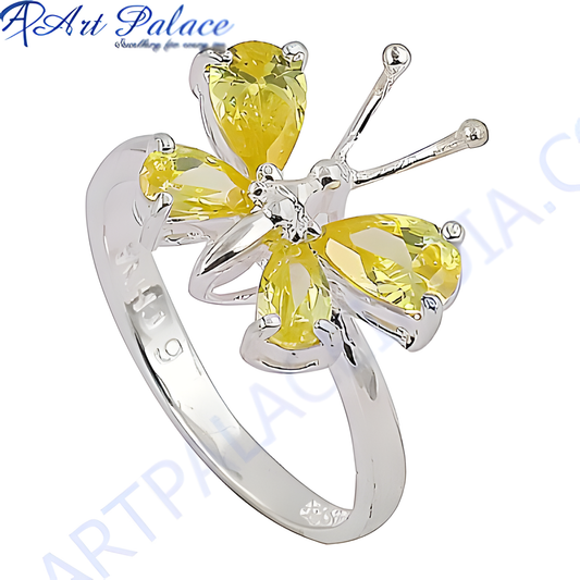 Cute Butterfly Style Yellow Cubic Zirconia Gemstone Silver Ring