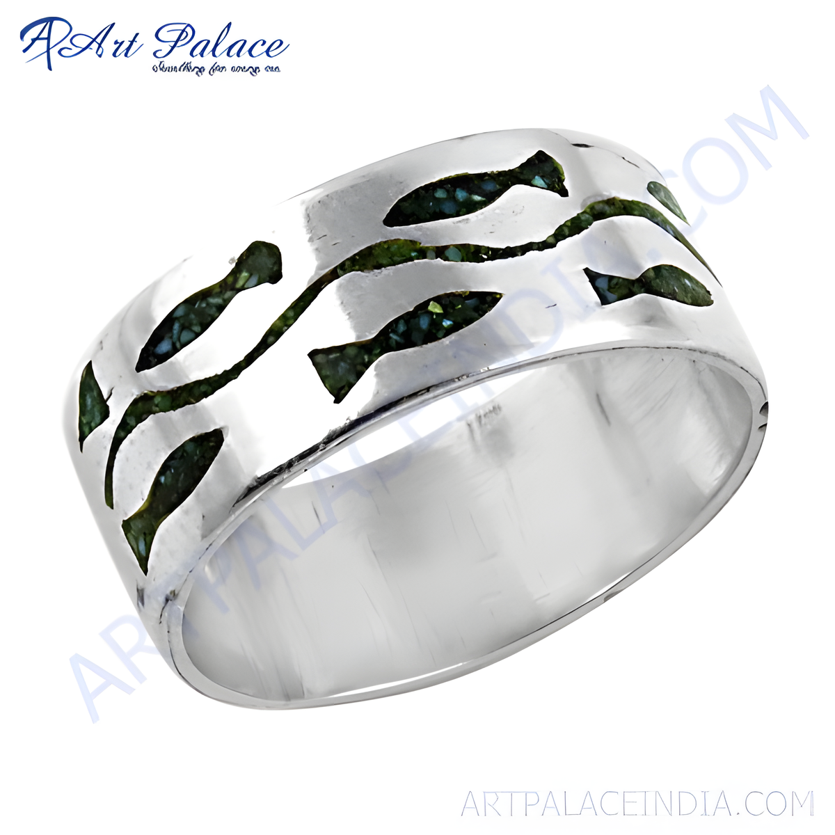 Sterling silver ring with a fish design in green
