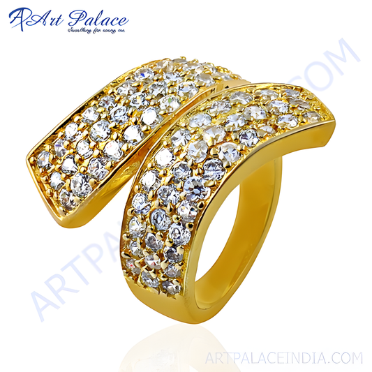 Cubic Zirconia Gemstone Gold Plated Silver Bypass Ring