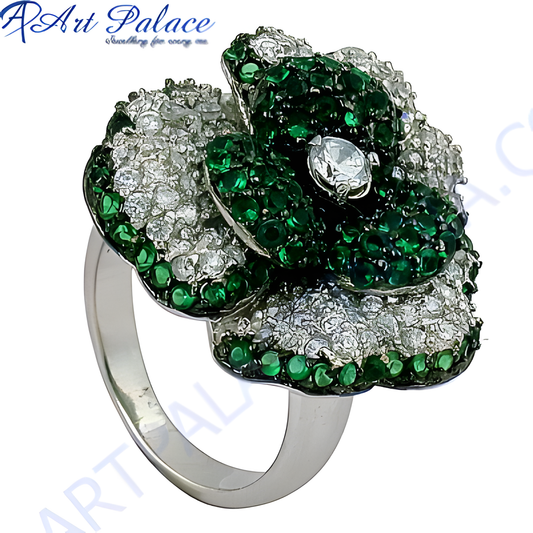 Beautiful Flower Style Green & White Cubic Zirconia Gemstone Silver Ring