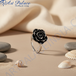 Load image into Gallery viewer, Silver Rose Ring | Black Enamel Flower Ring | Women&#39;s Jewelry
