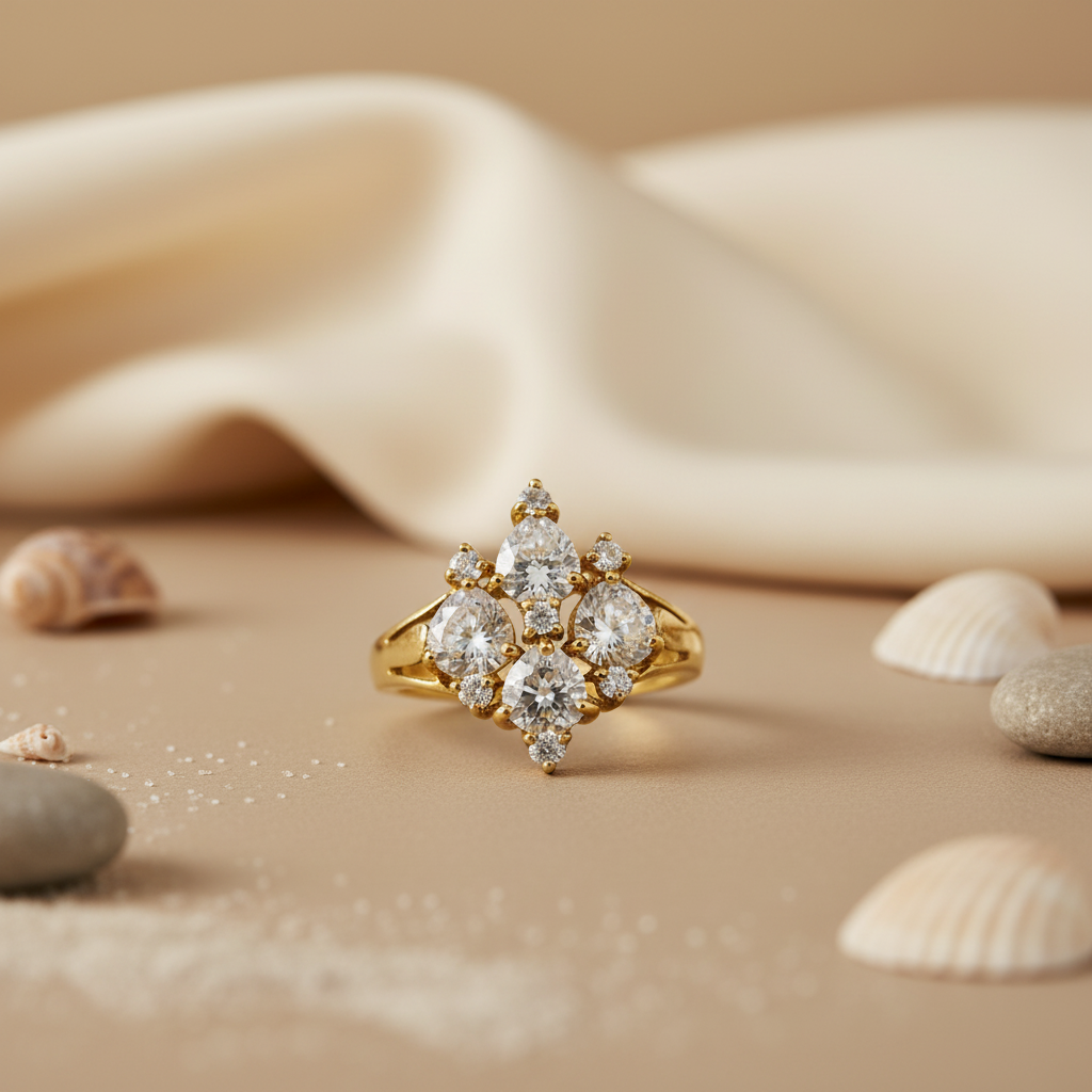 gold plating Ring with White Gemstones | Women's Floral Ring