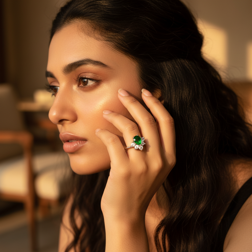 Silver Emerald Ring for Women | Pear Cut Gemstone Ring