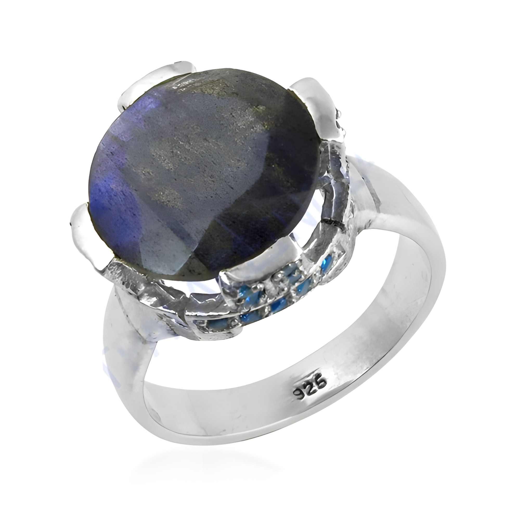 Famous Designer Blue Cubic Zirconia & Labradorite Gemstone Silver Ring