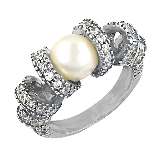 Party Wear Designer Cubic Zirconia & Pearl Silver Ring