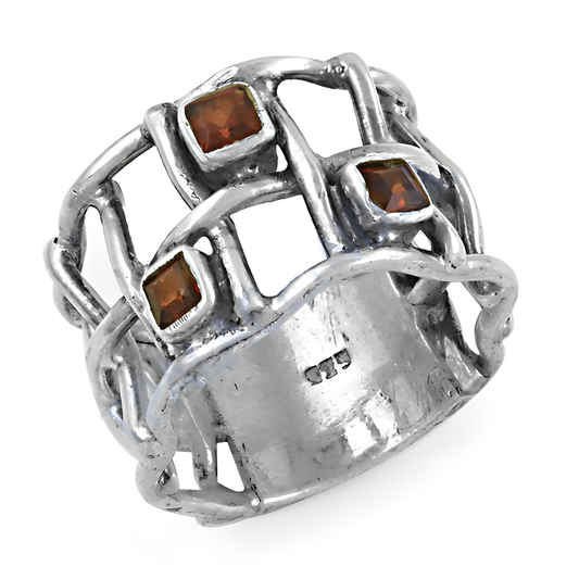 Fret Work Orange Cubic Zirconia Gemstone Silver Ring