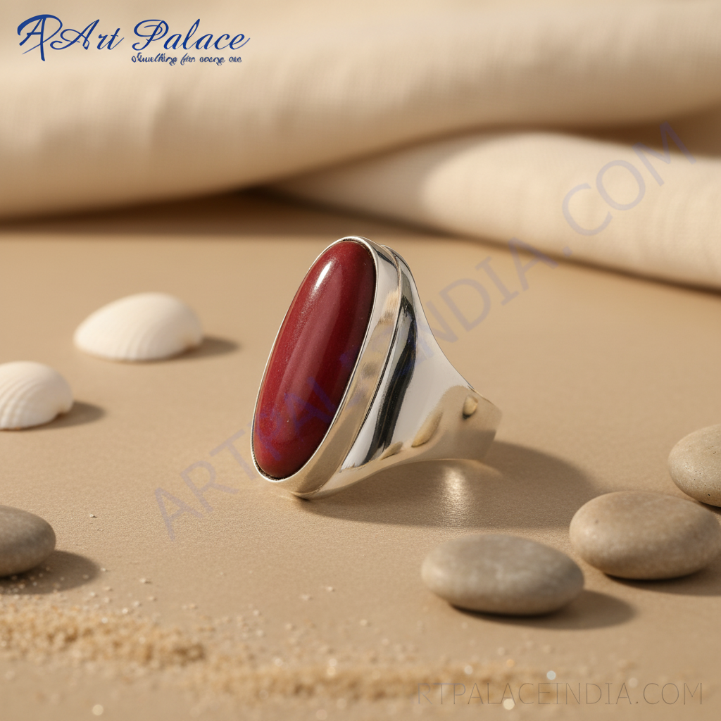 Silver Ring with Red Gemstone | Oval Ring for Women