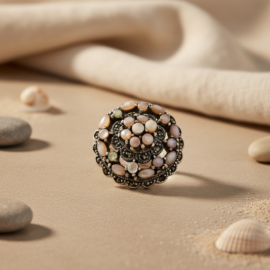 Silver Cocktail Ring with Mother of Pearl & Marcasite | Women's Ring