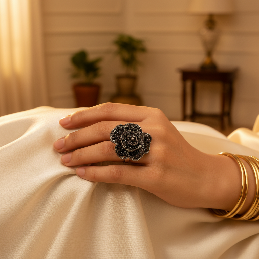 Black Crystal Rose Adjustable Ring | Silver Flower Ring for Women