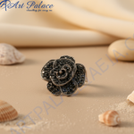 Load image into Gallery viewer, Black Crystal Rose Adjustable Ring | Silver Flower Ring for Women
