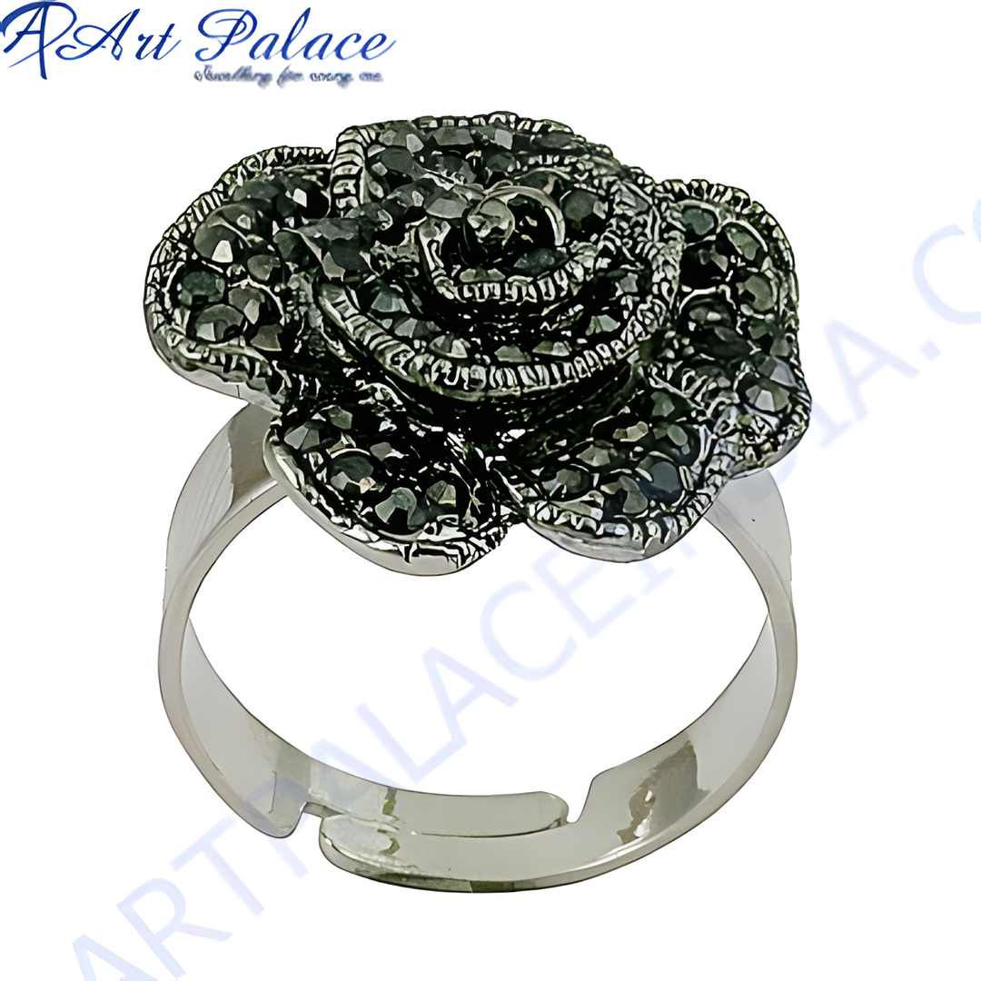 Black crystal rose adjustable ring, silver flower ring, elegant women's jewelry.