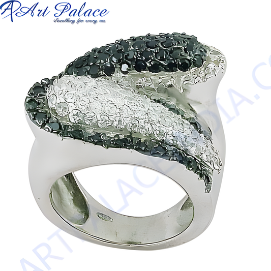 Fabulous Black & White Cubic Zirconia Gemstone Silver Ring Superior Marcasite Rings Glamours Marcasite Rings