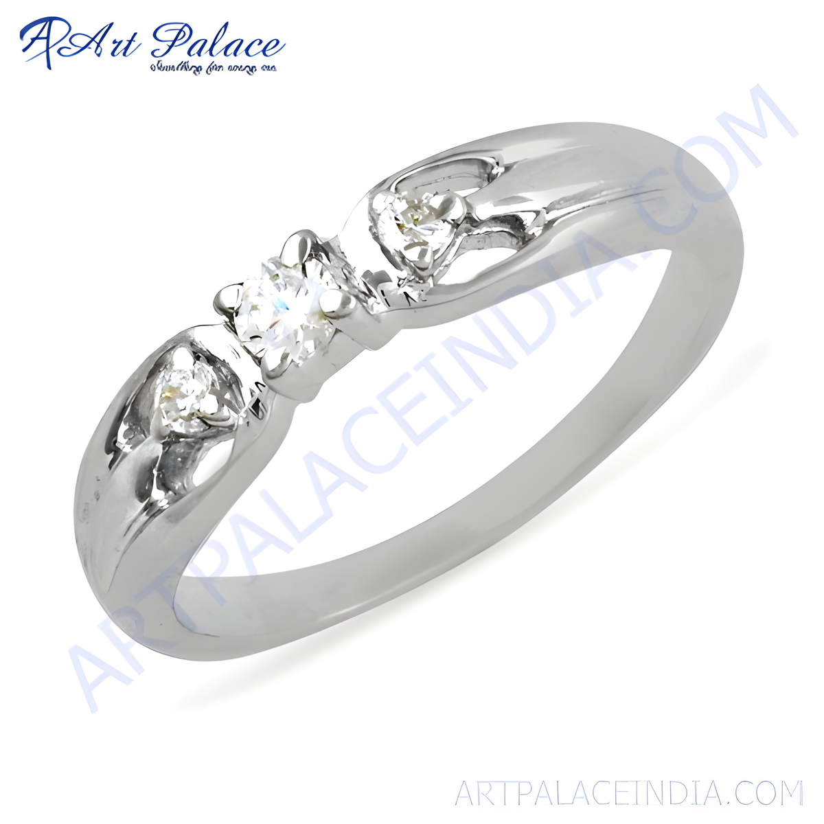 Silver three stone ring with sparkling gemstones, perfect for women