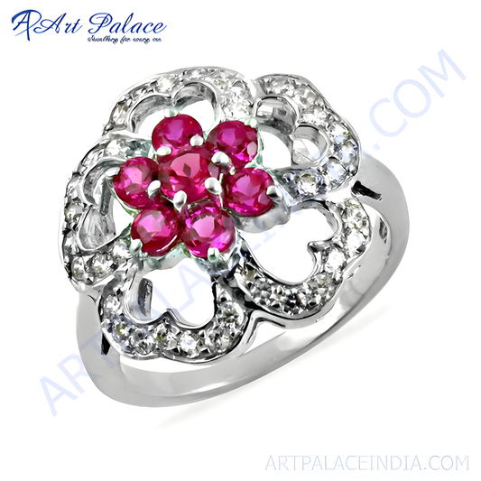 Pretty Flower Shape Silver Ring With Red & White CZ