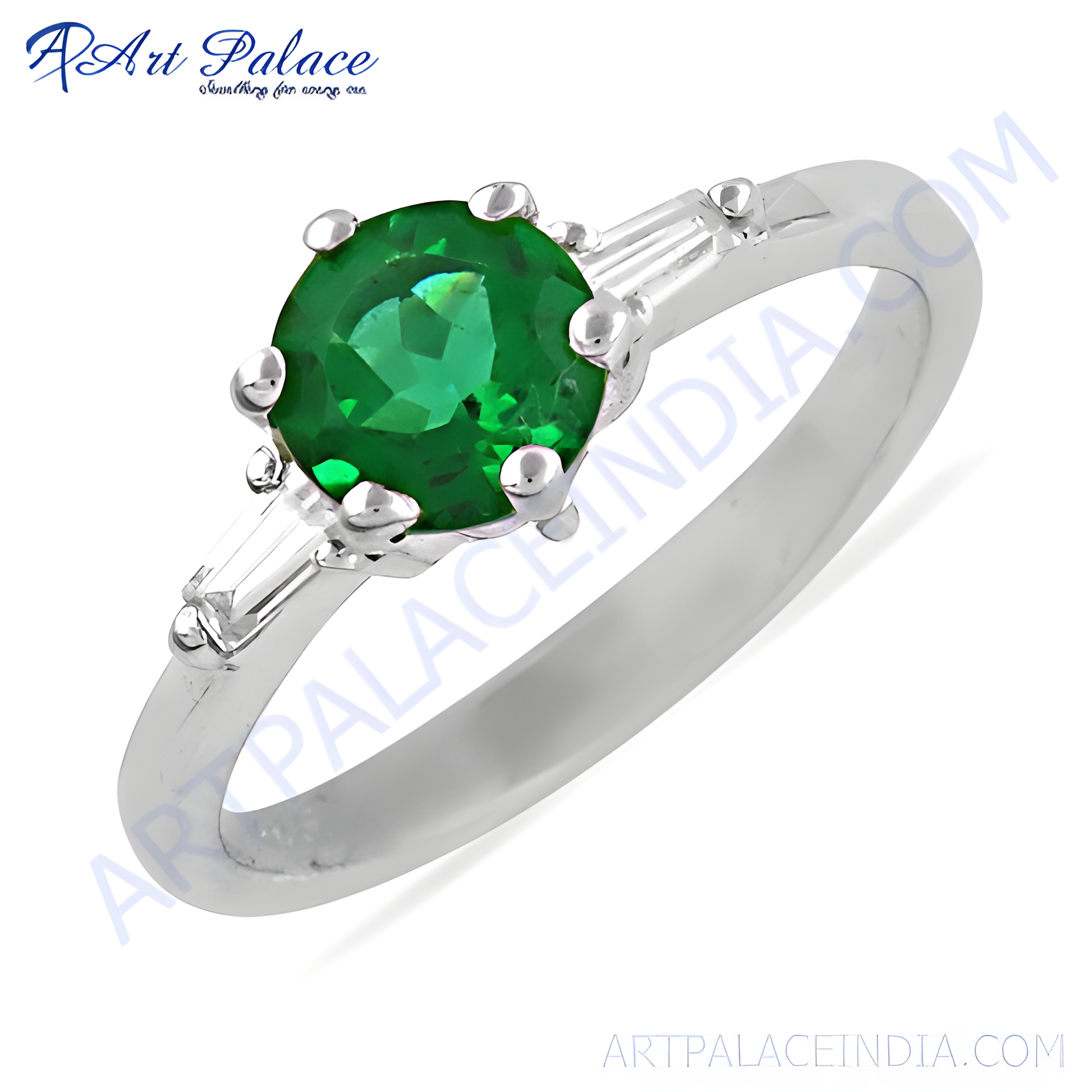 Royal Green & White Cubic Zirconia Gemstone Silver Ring