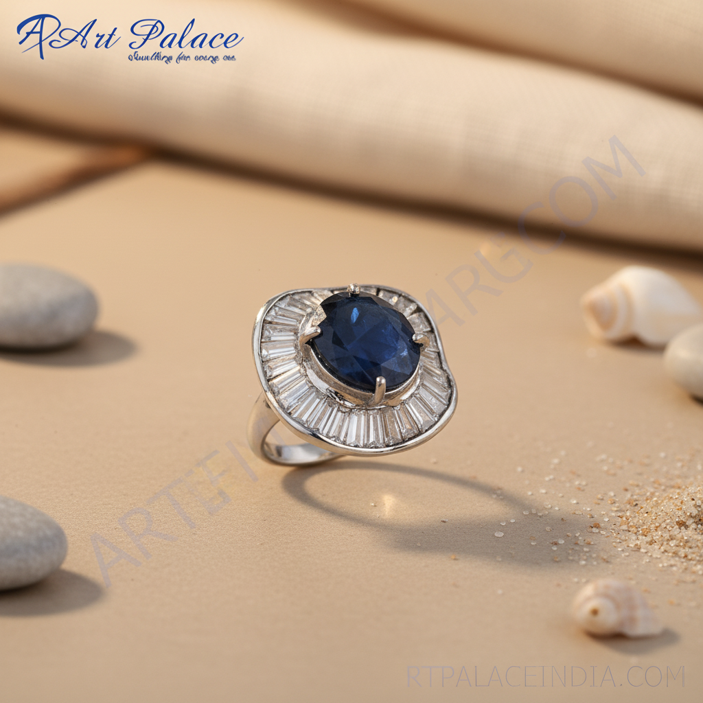 Silver Sapphire Ring with White CZ Accents | Women's Ring