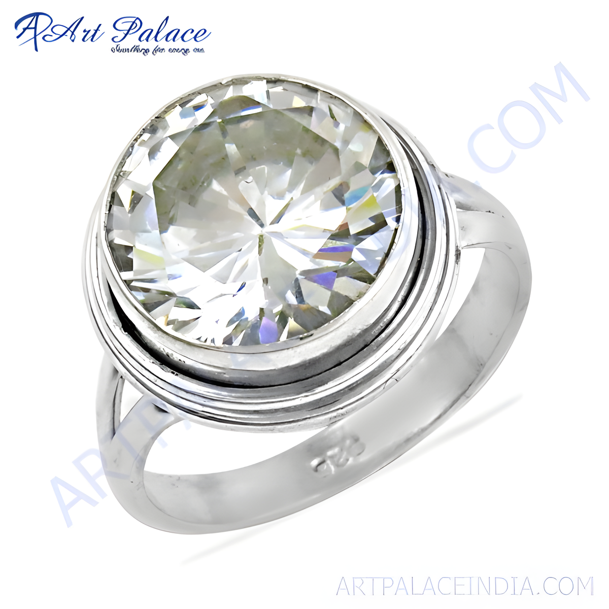 925 sterling silver ring with a large, round cut cubic zirconia center stone, sparkling white