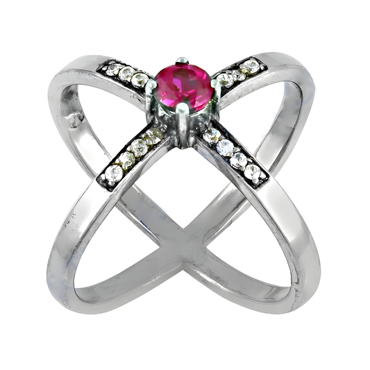 Rocking Style Pink & White Cubic Zirconia Gemstone Silver Ring