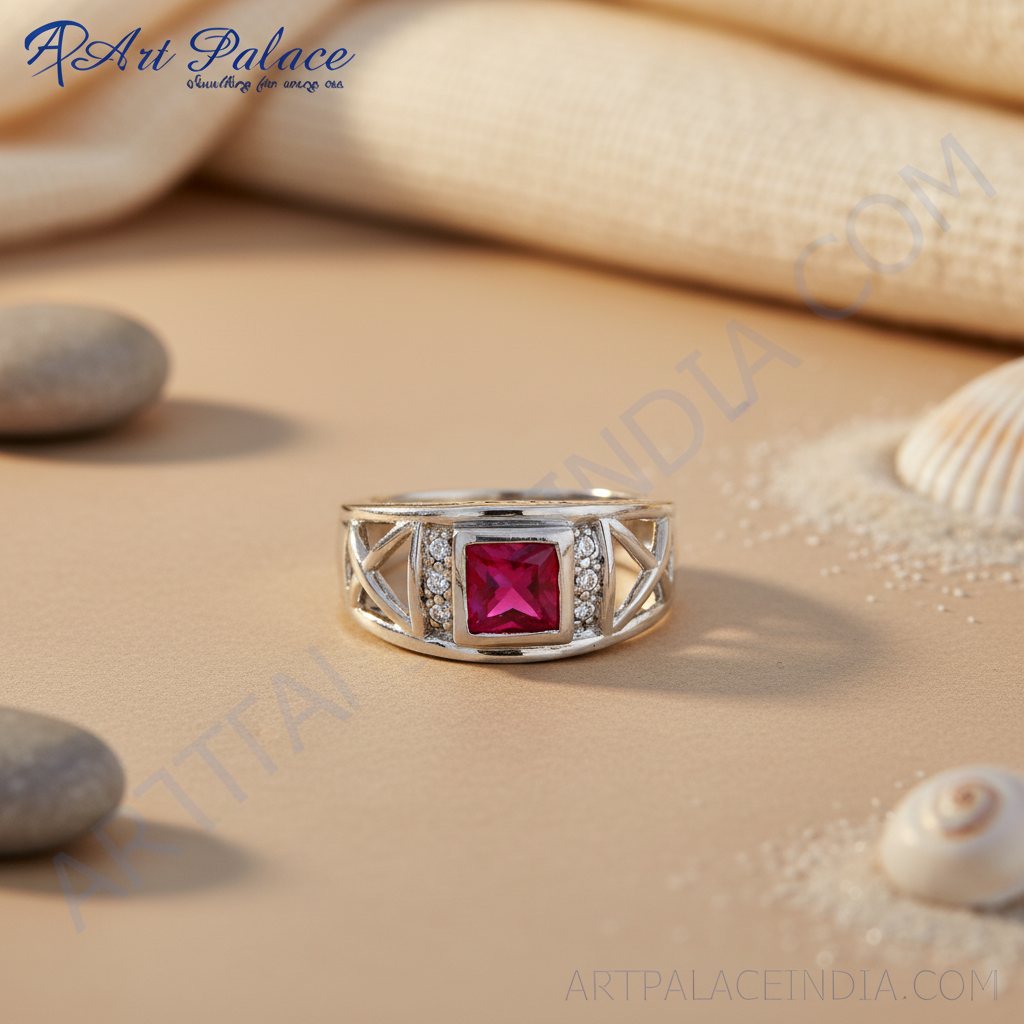 Silver Ruby Ring for Men | Square Stone Ring | Gift