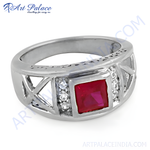 Load image into Gallery viewer, Sterling silver men&#39;s ring with a large square ruby gemstone and a detailed band design.
