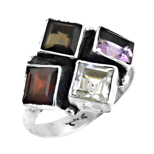 Graceful Amethyst & CZ & Garnet & Smokey Quartz Gemstone Silver Ring