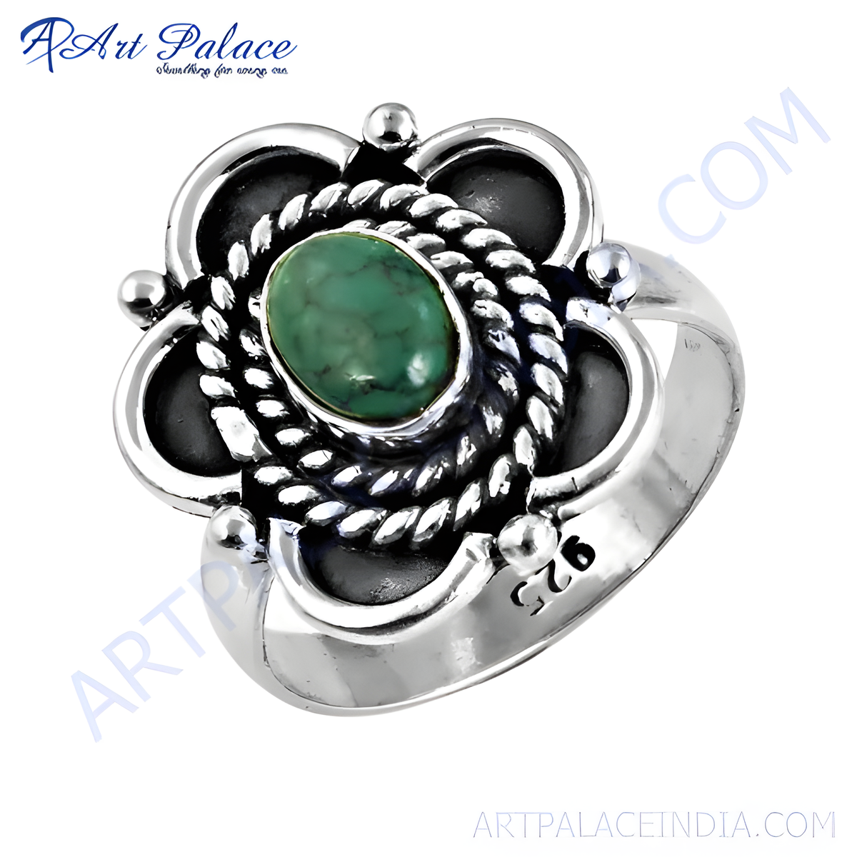 Sterling silver ring with a vibrant green turquoise gemstone, perfect for women's fashion jewelry