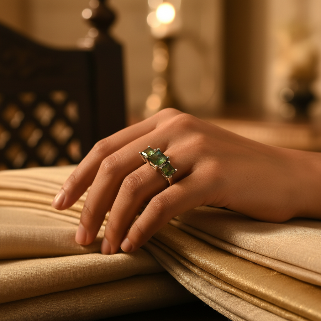 Silver 3 Stone Green Gemstone Ring for Women | Gift Jewelry