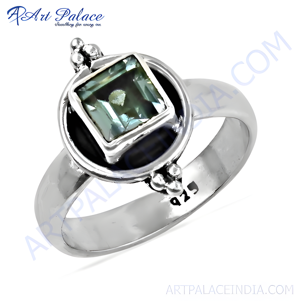 Sterling silver ring featuring a square cut green quartz gemstone