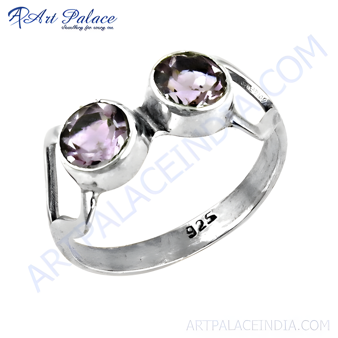 925 sterling silver amethyst ring featuring two oval-shaped purple gemstones.