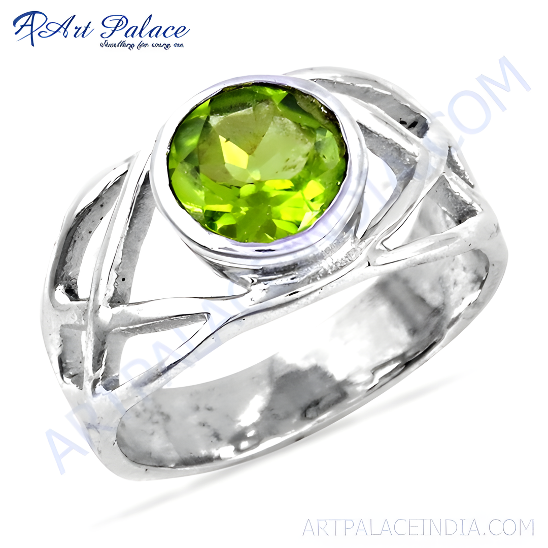 925 sterling silver peridot ring, featuring a round, vibrant green gemstone in a unique openwork design.