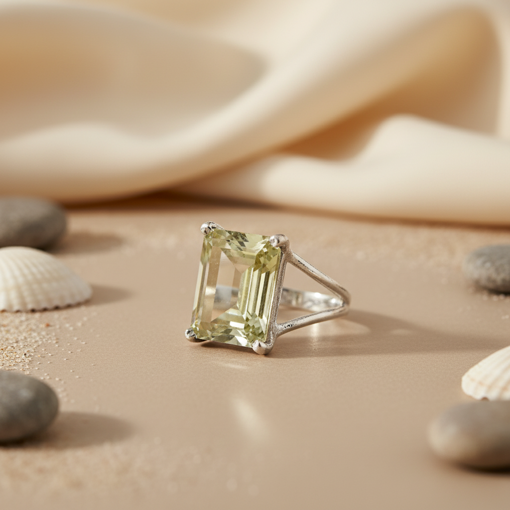 Silver Citrine Emerald Cut Ring for Women | Gemstone Jewelry