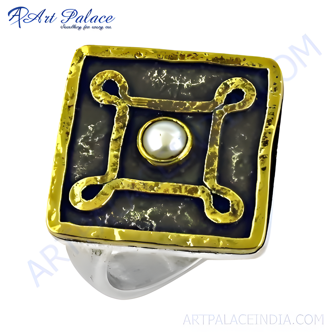 Sterling silver square ring with a gold plating-tone border and a central white pearl gemstone.