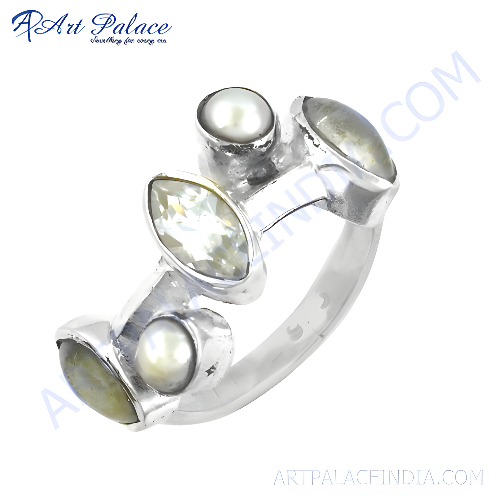 Rocking Style Cubic Zirconia & Rainbow Moonstone & White Pearl Gemstone Silver Ring, 925 Sterling Silver Jewelry