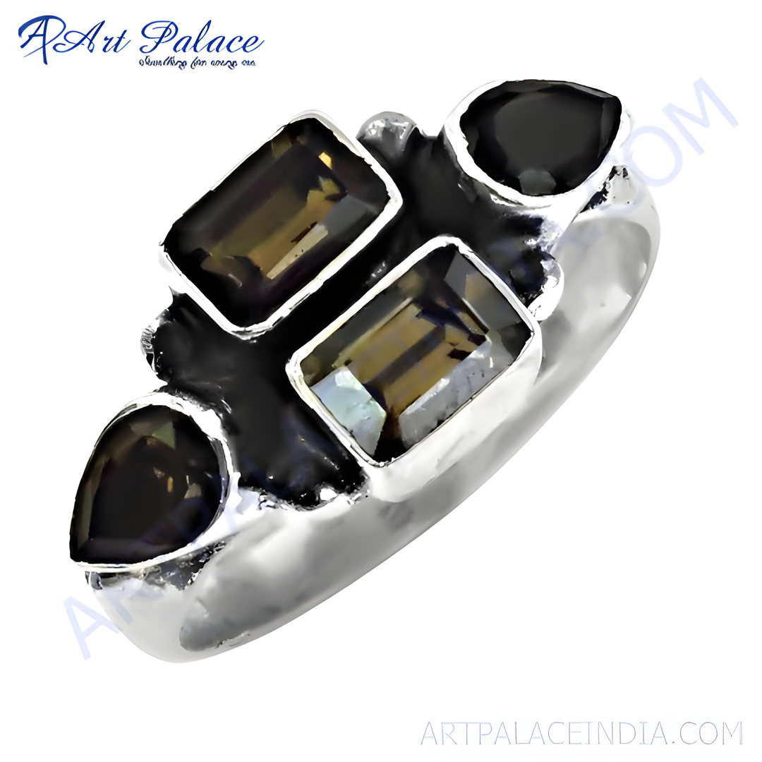 Sterling silver ring with multiple smoky quartz gemstones in a unique design.